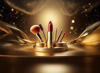 Poster - Luxurious red lipstick and golden makeup brushes arranged on a circular gold stand against a shimmering gold backdrop.  Elegant and sophisticated beauty product display.