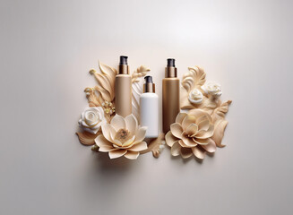 Poster - Elegant gold and white cosmetic bottles nestled amongst delicate, beige paper flowers and ornate leaf designs on a light background.  A luxurious, minimalist product display.