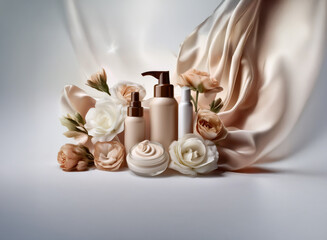 Poster - Elegant skincare products arranged with delicate flowers and flowing silk fabric.  A luxurious and sophisticated beauty display.