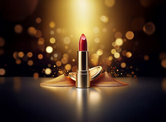 Poster - Luxurious red lipstick in gold casing, resting on a shimmering gold surface.  A glamorous, dramatic presentation against a bokeh background.