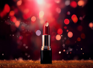Poster - A single tube of vibrant red lipstick stands on a gold glitter surface, dramatically lit against a bokeh background of red and gold.  It evokes luxury and glamour.