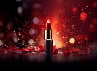 Poster - A single red lipstick stands amidst scattered red petals and a fiery, bokeh-filled background.  The scene is dramatic and luxurious, emphasizing the lipstick's rich color.