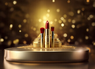 Poster - Luxurious red lipstick and gold makeup brushes elegantly displayed on a golden platform against a shimmering background.  The scene evokes opulence and beauty.