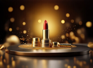 Poster - A luxurious red lipstick in a gold case sits on a golden platform, surrounded by sparkling golden bokeh.  The scene is elegant and evokes feelings of glamour and sophistication.