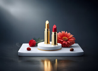 Poster - Two lipsticks, gold and red, elegantly displayed on a white platform with flowers, illuminated by a dramatic spotlight against a dark background.  The scene evokes luxury and beauty.