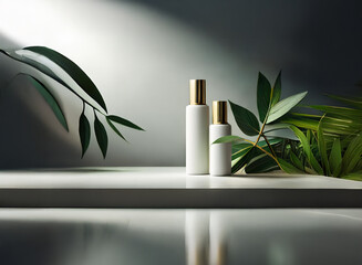 Poster - Two white bottles with gold caps sit on a white platform, flanked by lush green leaves, bathed in dramatic light.  A minimalist, elegant presentation.