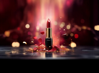 Poster - A single tube of rich red lipstick stands elegantly amidst falling rose petals and golden sparkles against a blurred, warm-toned background.  The scene is luxurious and romantic.