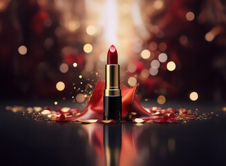 Poster - A single tube of dark red lipstick stands elegantly on a dark surface amidst scattered gold and red petals and bokeh lights.  The luxurious scene reflects a glamorous and sensual mood.