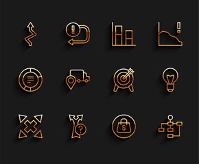 Poster - Set line Many ways directional arrow, Arrow, Shopping bag with Sale, Hierarchy organogram chart, Delivery tracking, Light bulb and Target icon. Vector