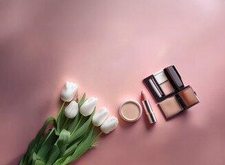 Aufkleber - Elegant flat lay featuring a bouquet of white tulips and an assortment of makeup products on a soft pink background.  A spring-themed beauty aesthetic.