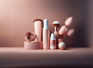 Poster - Elegant blush-toned makeup and beauty tools arranged on a minimalist backdrop.  The scene evokes a sense of luxury and sophistication.