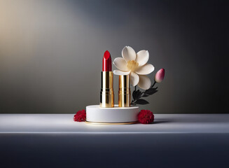 Aufkleber - Elegant red lipstick and gold tube displayed on a minimalist white platform with magnolia and red flowers.  Subtle lighting enhances the luxurious feel.