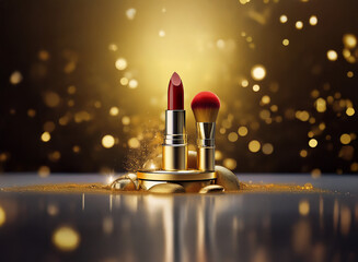 Poster - A red lipstick and makeup brush sit on a golden, glittering surface.  Golden bokeh lights create a luxurious, glamorous atmosphere.