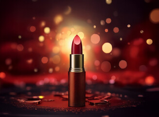 Poster - A single tube of dark red lipstick stands upright against a bokeh background of warm red and gold light, surrounded by scattered red glitter.