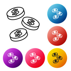 Poster - Black line Coin money with dollar symbol icon isolated on white background. Banking currency sign. Cash symbol. Set icons colorful circle buttons. Vector