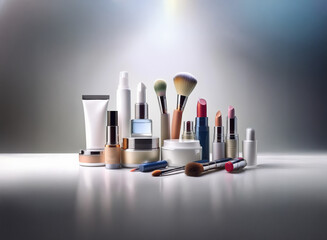 Poster - A collection of makeup and beauty products, including lipsticks, creams, and brushes, arranged on a reflective surface against a soft, gradient background.  The scene is well-lit, showcasing the produ
