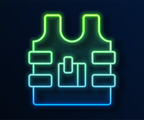 Poster - glowing neon line bulletproof vest for protection from bullets icon isolated on blue background. bod