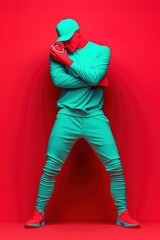 Wall Mural - A fashion-forward individual in vibrant teal attire poses dramatically against a bold red backdrop, creating a striking visual contrast.