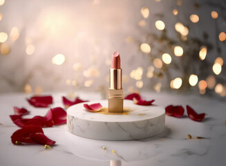 Poster - A single tube of rose-toned lipstick stands elegantly on a marble pedestal, surrounded by scattered rose petals and soft, warm lighting.  The scene evokes romance and luxury.