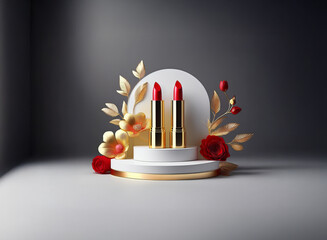 Poster - Two red lipsticks with gold accents elegantly displayed on a white podium, surrounded by gold leaf and red roses.  A sophisticated product presentation.