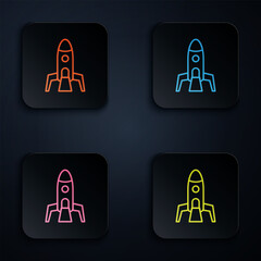 Poster - Color neon line Rocket ship icon isolated on black background. Space travel. Set icons in square buttons. Vector