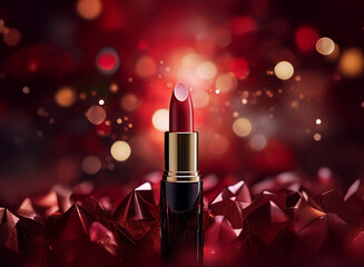 Poster - A single tube of rich red lipstick stands upright, nestled amongst dark red, sparkling, origami-like shapes.  The background is a bokeh of warm red and gold lights.