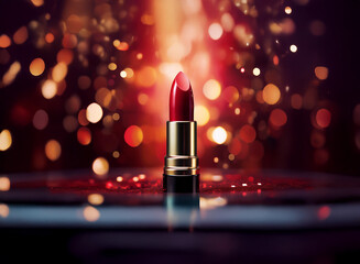Poster - A single red lipstick stands elegantly on a reflective surface, surrounded by a warm, sparkling bokeh effect.  The scene evokes luxury and glamour.