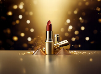 Poster - Luxurious red lipstick with gold casing, elegantly displayed on a golden surface with sparkling bokeh background.  Geometric shapes add modern flair.