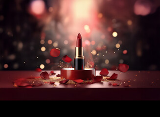 Poster - A single red lipstick stands on a red circular platform, surrounded by rose petals and golden sparkles against a dark, bokeh background.  The scene is luxurious and dramatic, highlighting the lipstick