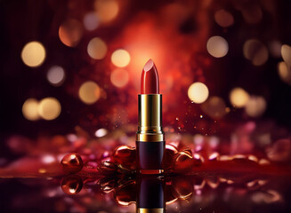 Poster - A single red lipstick stands elegantly amidst a bokeh of warm lights and scattered red ornaments, reflecting on a glossy surface.  The rich color and luxurious setting create a glamorous, festive mood