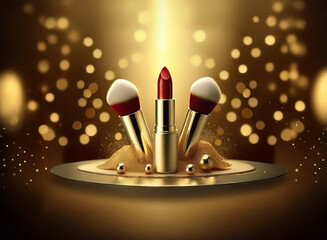 Poster - Luxurious red lipstick nestled between two makeup brushes, elegantly displayed on a golden platform amidst shimmering sand.  The scene is bathed in warm, golden light.