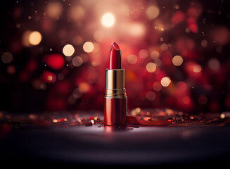 Poster - A single tube of crimson lipstick stands out against a bokeh background of warm red and gold lights, scattered amidst confetti.  The rich color and festive setting evoke elegance and celebration.