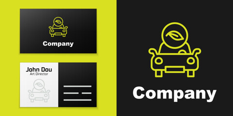 Poster - Logotype line Eco car concept drive with leaf icon isolated on black background. Green energy car symbol. Logo design template element. Vector