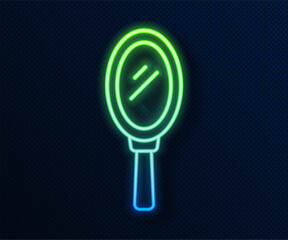 Poster - Glowing neon line Hand mirror icon isolated on blue background. Vector