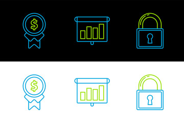 Poster - set line lock, reward for good work and presentation financial board with graph, schedule, chart, di