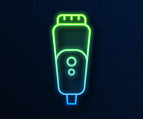 Wall Mural - Glowing neon line Electric razor blade for men icon isolated on blue background. Electric shaver. Vector