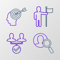 Poster - Set line Magnifying glass for search a people, Project team base, Man holding flag and Head hunting concept icon. Vector