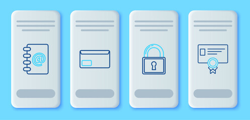 Poster - Set line Envelope, Lock, Address book and Certificate template icon. Vector