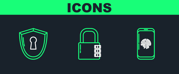 Poster - Set line Smartphone with fingerprint scanner, Shield keyhole and Safe combination lock icon. Vector