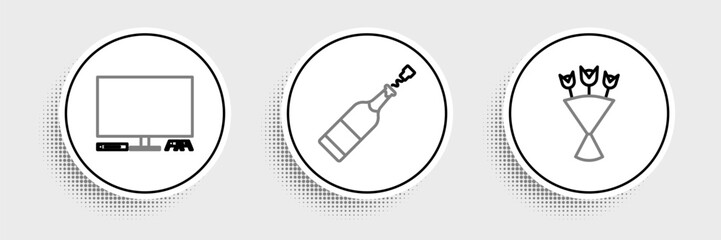 Poster - Set line Bouquet of flowers, Video game console and Champagne bottle icon. Vector
