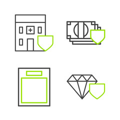 Poster - Set line Diamond with shield, Empty form, Money and Medical hospital building icon. Vector