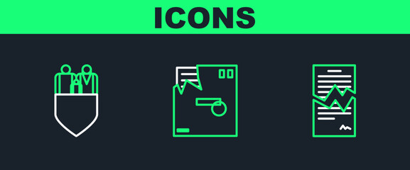 Poster - set line torn contract, family insurance with shield and ordered envelope icon. vector