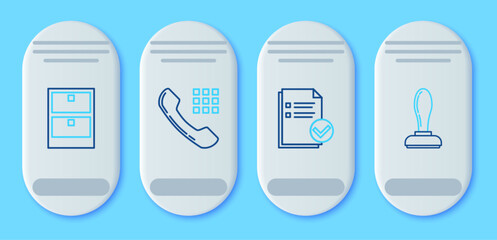 Poster - set line telephone handset, document check mark, archive papers drawer and stamp icon. vector