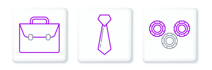 Poster - Set line Gear, Briefcase and Tie icon. Vector