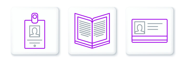 Poster - Set line Identification badge, and Open book icon. Vector