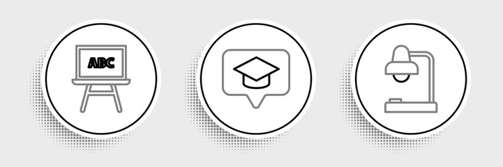 Poster - Set line Table lamp, Chalkboard and Graduation cap in speech bubble icon. Vector