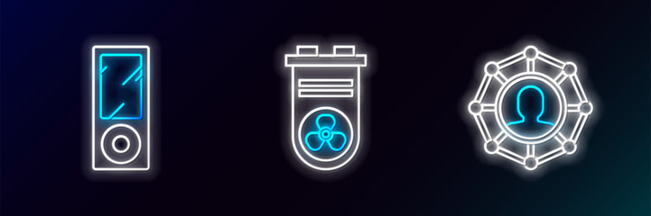 Poster - set line project team base, music player and video graphic card icon. glowing neon. vector
