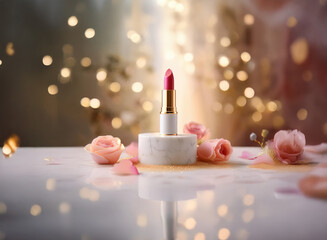 Poster - A single tube of pink lipstick sits on a marble stand, adorned with pink roses and petals, against a bokeh background.  The scene is elegant and subtly luxurious.