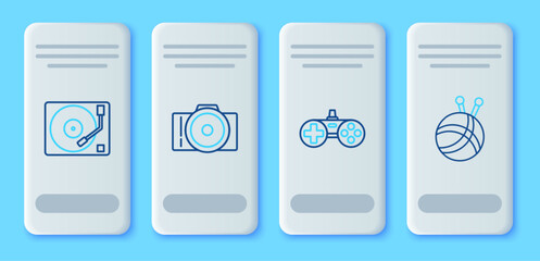 Poster - Set line Photo camera, Gamepad, Vinyl player with vinyl disk and Yarn ball knitting needles icon. Vector