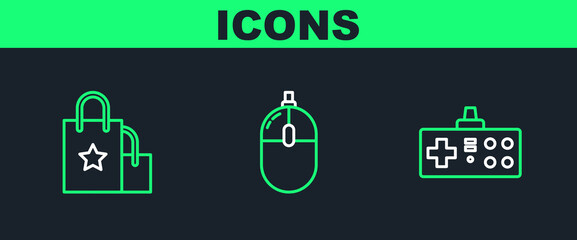 Poster - Set line Gamepad, Paper shopping bag and Computer mouse icon. Vector